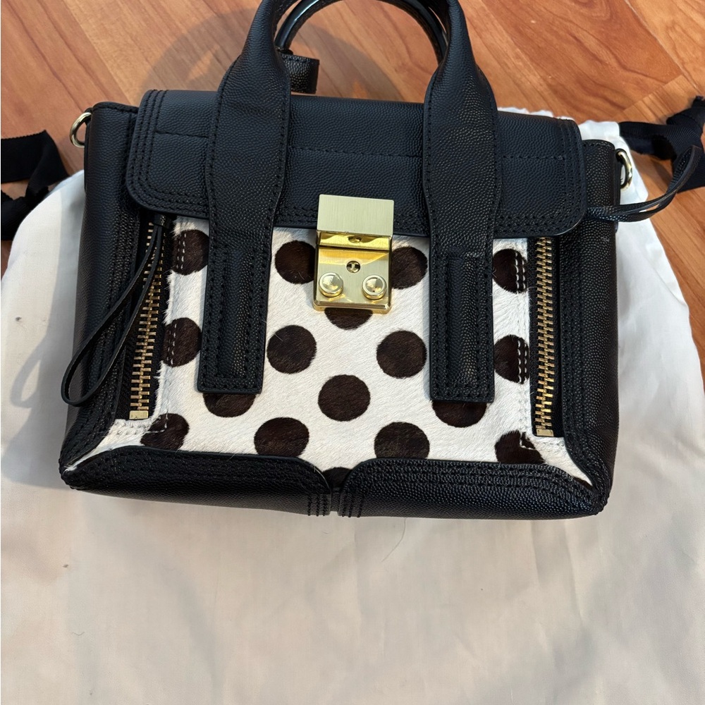 Black and White Polka Dot Satchel with Gold Hardware